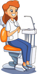 A smiling female dentist sitting on a chair in a cartoon-style illustration, holding dental tools, ready for a procedure in a bright and cheerful setting.