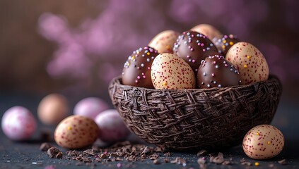 Obraz premium Easter Eggs In basket On Grass 