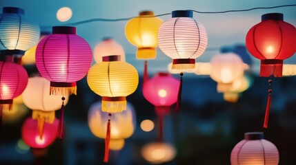 Traditional Chinese lanterns in authentic Asian aesthetics. Festive backdrop for the Latern Festival, celebrating with lanterns aglow.
