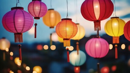Traditional Chinese lanterns in authentic Asian aesthetics. Festive backdrop for the Latern Festival, celebrating with lanterns aglow.
