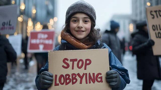 Empowering Young Activist Holding a Sign Against Lobbying: A Heartfelt Call for Change in an Urban Protest Environment