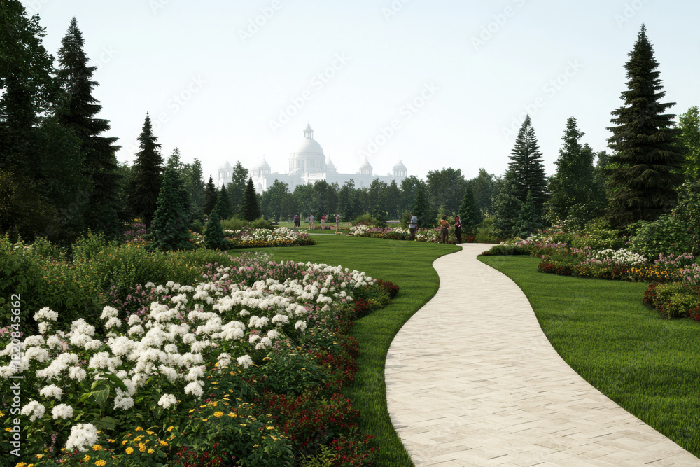 Poster a path in a park with a white building in the background