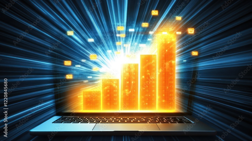 Poster laptop displaying ascending bar graph showing growth