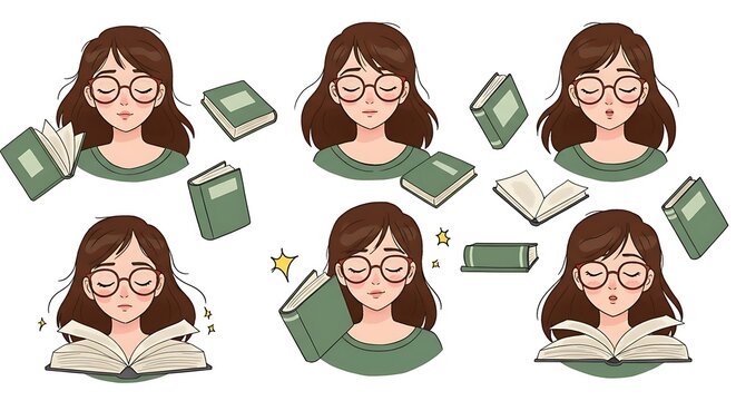 Dreaming girl book lover cartoon vector concepts. Young woman close up glasses closed eyes face avatars portrait flying tome folios pages around, nerd student character isolated illustrations