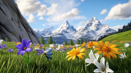 Obraz premium Beautiful Alpine Meadow with Vibrant Flowers and Snowy Mountains