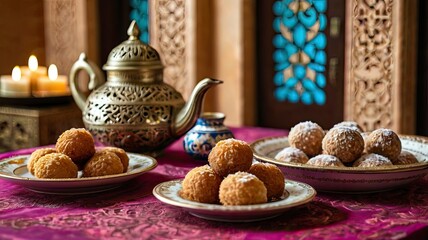 A close-up of a plate of beautifully arranged Eid desserts, such as maamoul, baklava, and coconut balls, with a teapot and decorative lanterns in the background. The setting is bright and inviting
