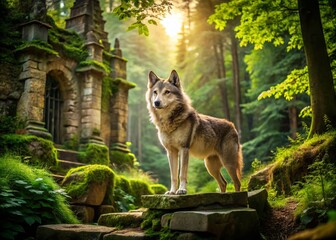 Majestic Wolf on Ancient Ruins: Lush Forest Urban Exploration Photography