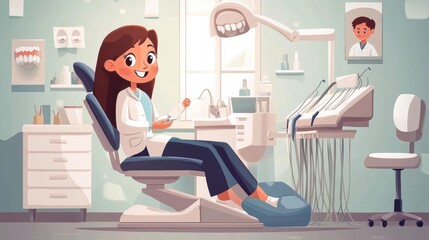 A cartoon-style dentist smiles while seated in a brightly-lit, clean dental clinic filled with modern equipment and cheerful decor.