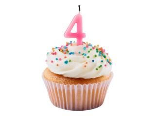 Birthday cupcake with number four candle isolated on transparent or white background, png