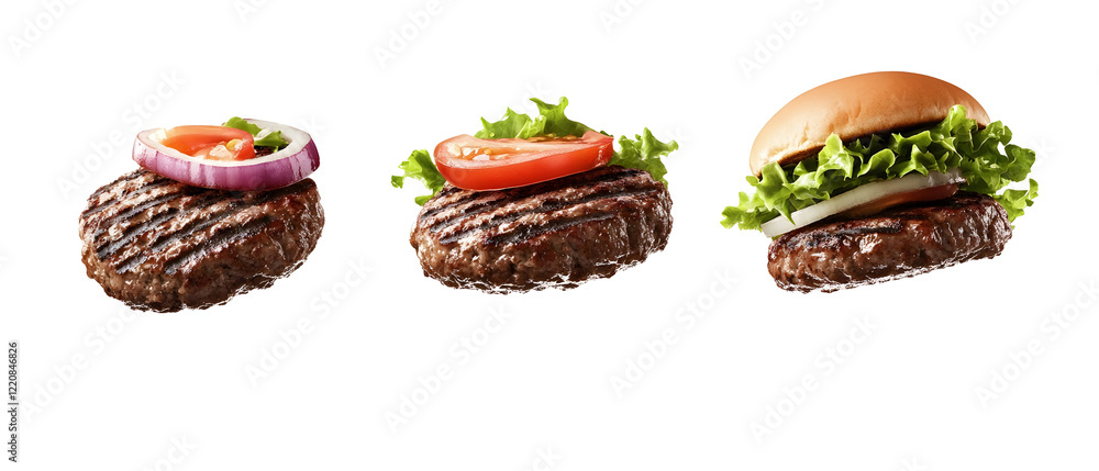 Poster a realistic 3d grill burger with grilled meat and fresh toppings falling dynamically in mid-air, det