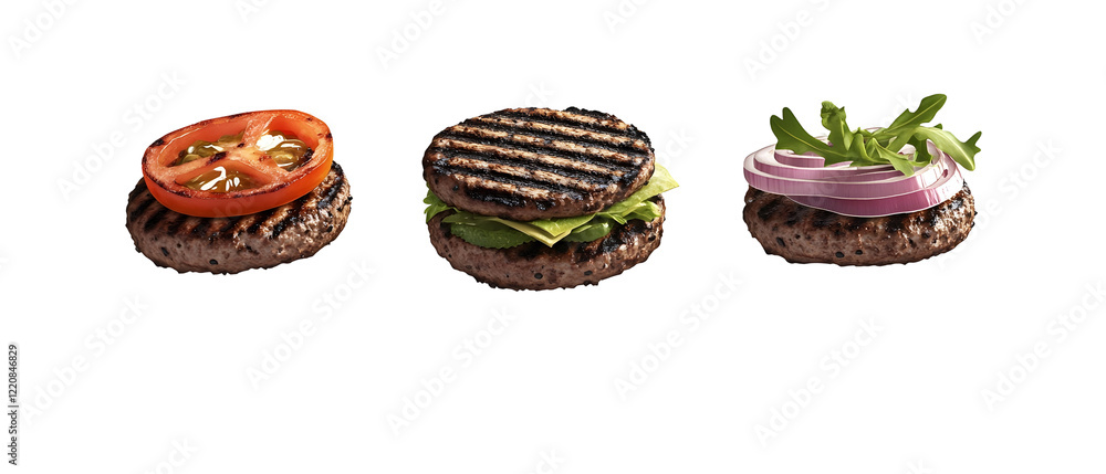 Poster a realistic 3d grill burger with grilled meat and fresh toppings falling dynamically in mid-air, det