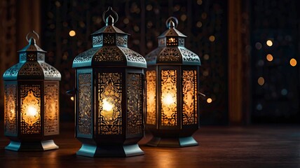 A collection of ornate lanterns (fanous) glowing with warm light, surrounded by crescent moon and star decorations. The backdrop is dark, creating a festive yet peaceful Ramadan ambiance