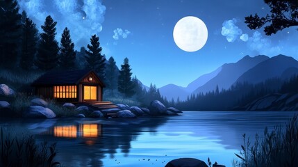 Fototapeta premium Serene Moonlit Cabin Reflection on Tranquil Lake at Night