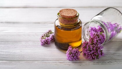 thymus serpyllum in a bottle this herb aids mucus breakdown and secretion alternative medicine idea on a white wooden surface focal point