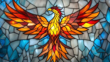 Vibrant Stained Glass Phoenix Art with Fiery Wings and Blue Background