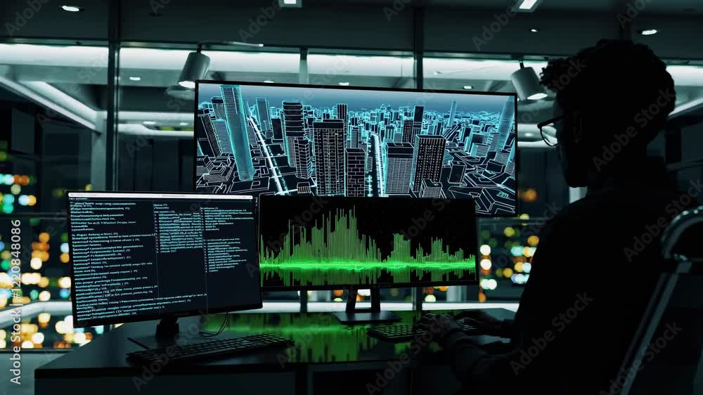 Poster high-tech workspace at night with a programmer analyzing data in a modern city