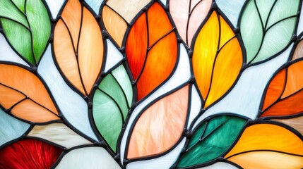 Colorful Stained Glass Leaves in Autumn Tones on a Light Background