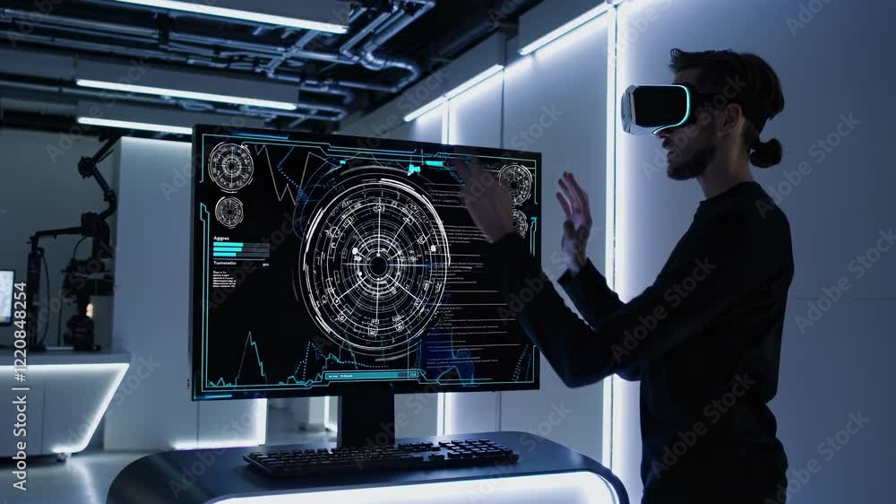 Poster exploring virtual reality technology with interactive simulations in a modern workspace