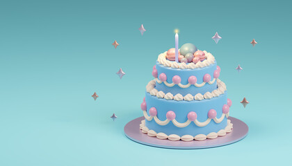 3D rendering Birthday cake with candle 