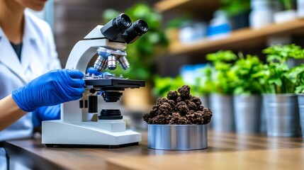 Soil Sample Analysis: A Scientist Uses a Microscope to Examine Soil for Research and Development in Agriculture or Environmental Science