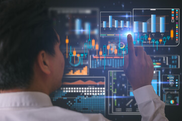The back view of Businessman analyst data charts DevOps concept, software development, IT operations, agile programming, data business analysis and Data Management System with KPI and metrics