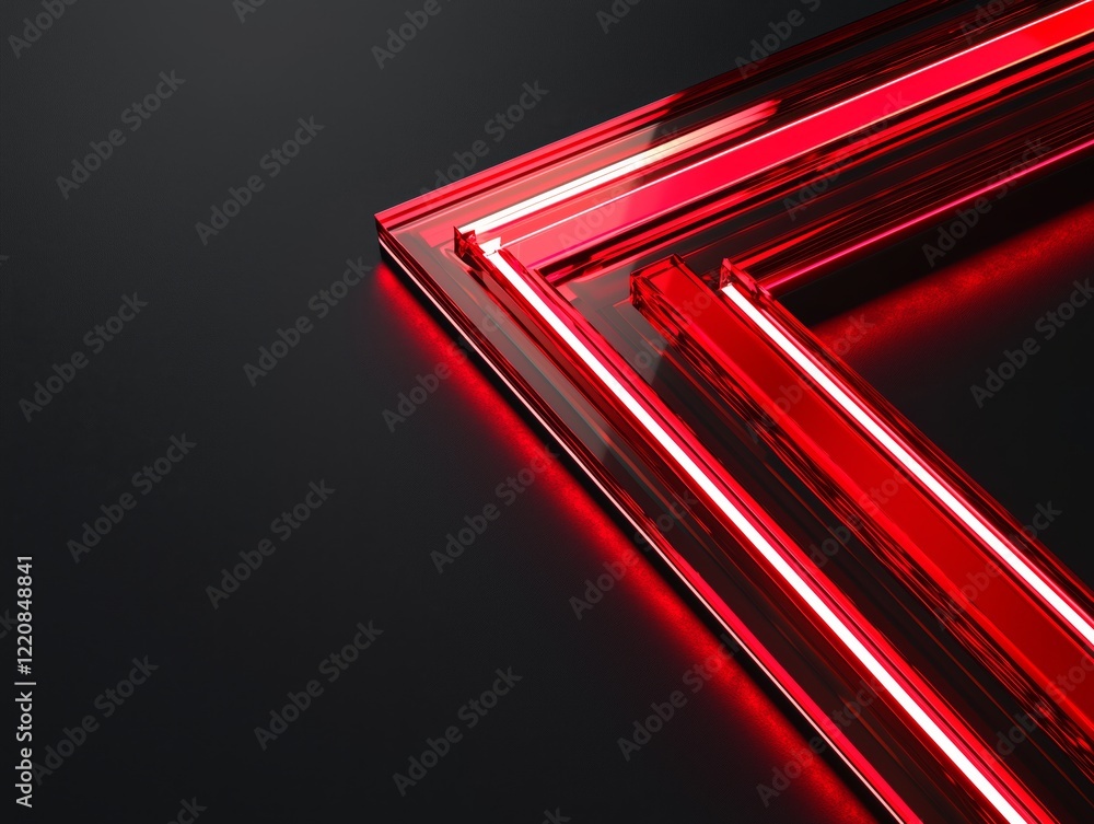Poster abstract red neon light frame on a dark surface with reflection