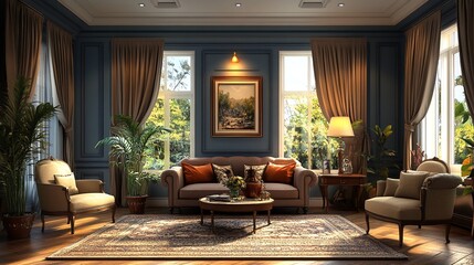 Fototapeta premium A cozy living room with blue walls and wood floors.