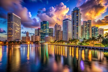 Fototapeta premium Miami Nightscape: Illuminated City Skyline with Copy Space