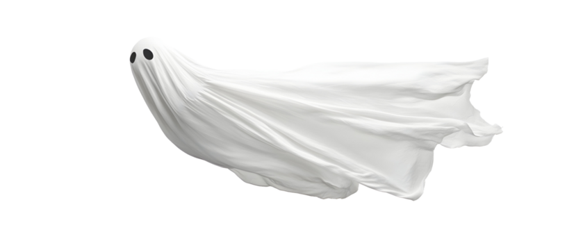A spooky Halloween ghost in classic white sheet style, floating mid-air. Isolated on White Background, clipping path  - 