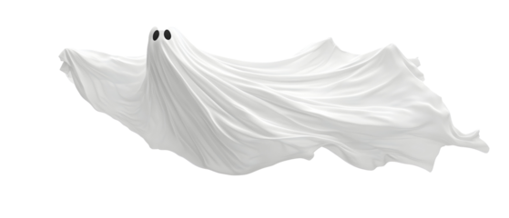 A spooky Halloween ghost in classic white sheet style, floating mid-air. Isolated on White Background, clipping path  - 