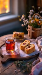 Naklejka premium Cozy afternoon tea with cherry pastry and flowers by the window