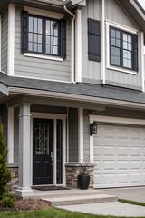 Modern Gray House Exterior with Black Door and Shutters. Beautiful Home Architecture and Design. Real Estate Photography