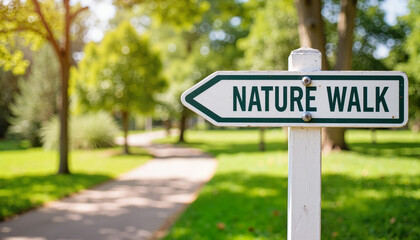 Nature walk sign directing towards green city park, sustainable living