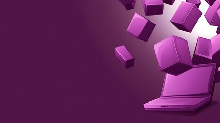 Purple cubes over laptop, data flow