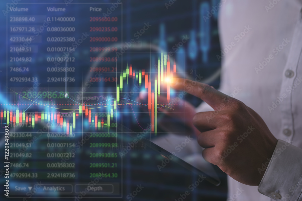 Poster businessman trader show growing virtual hologram stock trading pointing to arrow up to forecast anal
