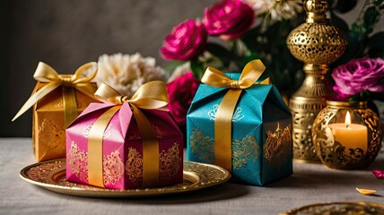 Beautifully wrapped gift boxes and colorful 'Eidi' envelopes (money packets) placed on a table adorned with festive decor, lanterns, and flowers, symbolizing the tradition of giving during Eid