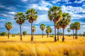 A cluster of young palm trees growing together in a sun-drenched savannah landscape with golden grasses and wildflowers, grasslands, group