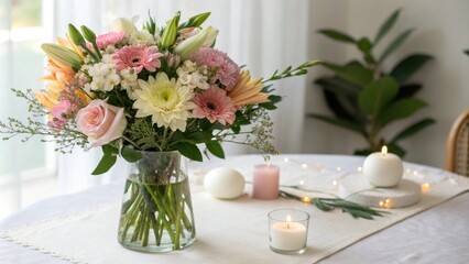 A collection of fresh cut flowers in a vase with soft lighting, flowers in vases, soft focus, lighting, vase, arrangement