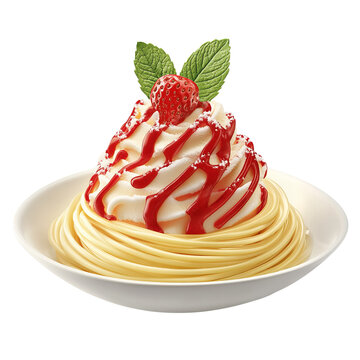 A creamy 3D spaghettieis icon from Germany, vanilla ice cream shaped like spaghetti with strawberry sauce. Background: white.