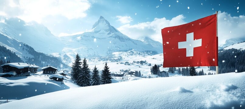 Swiss flag with snow mountain landscape view. Country independence day concept. Generative AI technology.