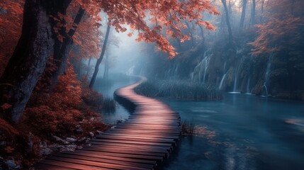 Misty autumn path, waterfalls, forest, serene nature, travel