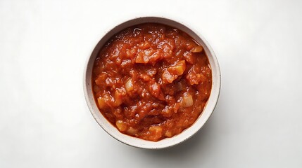 Thick red chili sauce with small chili flakes in a white bowl standing on a white background