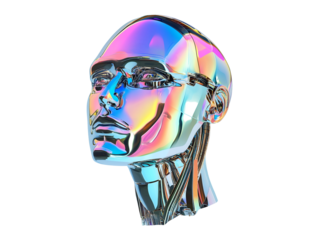 Futuristic colorful robot head front view isolated on transparent or white background, png