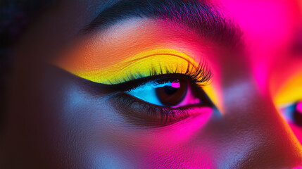 A close-up of a bright pink and orange ombre eyeshadow, with a neon yellow eyeliner adding a striking contrast