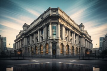 Obraz premium Majestic port of london authority headquarters reflecting on wet street at sunrise with dramatic clouds