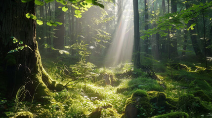 Sunbeams Illuminate Mystical Mossy Forest