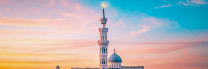Obraz premium Majestic Mosque Minaret at Sunset with Crescent Moon