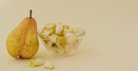 Fresh pear on background. Healthy raw food, dessert without sugar and flour. The concept of zero...