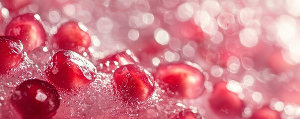 Fresh Pomegranate Seeds with Bubbles and Soft Pink Background