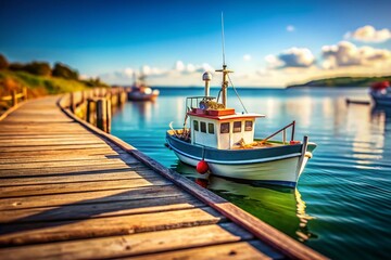Obraz premium Miniature Fishing Boat Moored at Wooden Pier - Tilt-Shift Photography